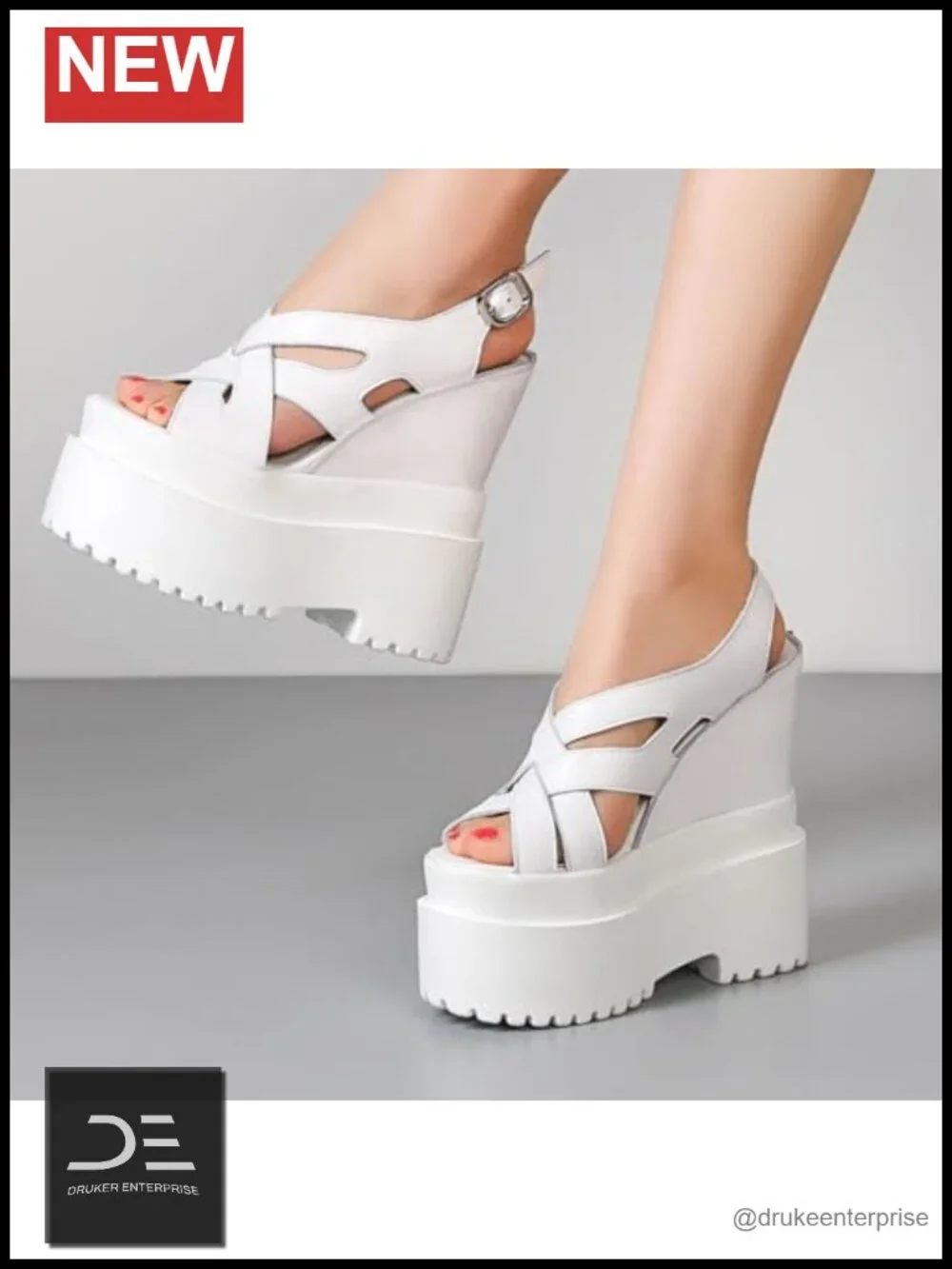 Women Genuine Leather Red High Platform Wedge Heels Peep Toe Cross-tied Buckle